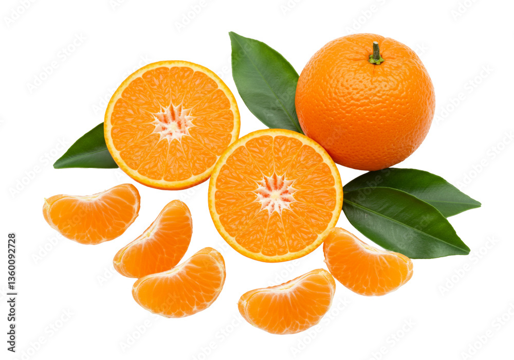 Mandarin oranges, whole, sliced, and segments, with leaves, on transparent background. Mandarin oranges, whole, sliced, and segments, with leaves, on transparent background.
