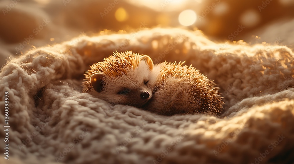 Obraz premium A cute baby hedgehog curled up in a tiny ball, resting on a soft blanket with bright, natural light filtering in 