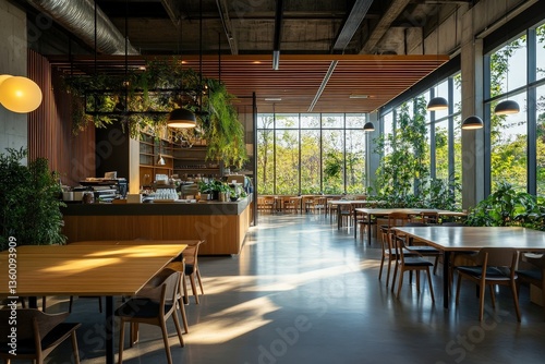 A zero-waste cafeteria offering plant-based meals in an eco-conscious corporate campus