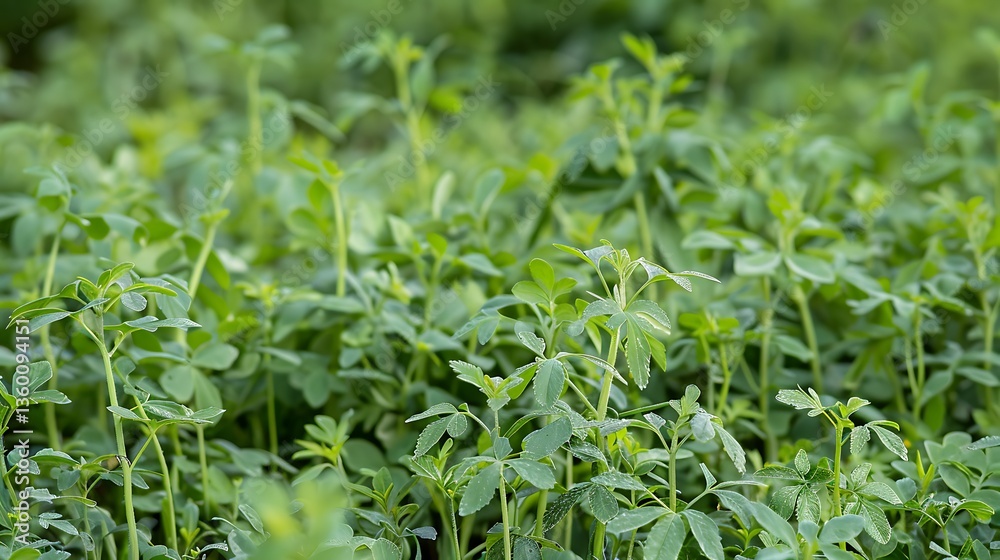 • A field of mature lentil plants with delicate, green foliage and small pods. • A field of mature lentil plants with delicate, green foliage and small pods.