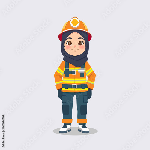 Vector Illustration of a Smiling Hijabi Woman Firefighter in Uniform