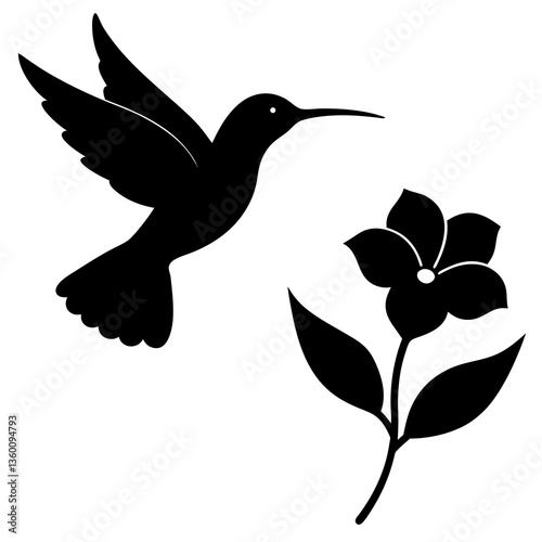 A vector silhouette of a hummingbird hovering near a flower 