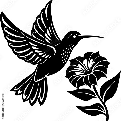 A vector silhouette of a hummingbird hovering near a flower 