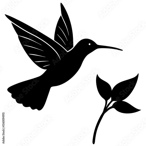 A vector silhouette of a hummingbird hovering near a flower 