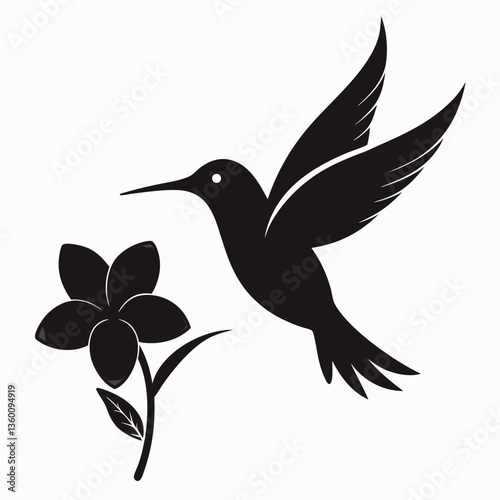 A vector silhouette of a hummingbird hovering near a flower 