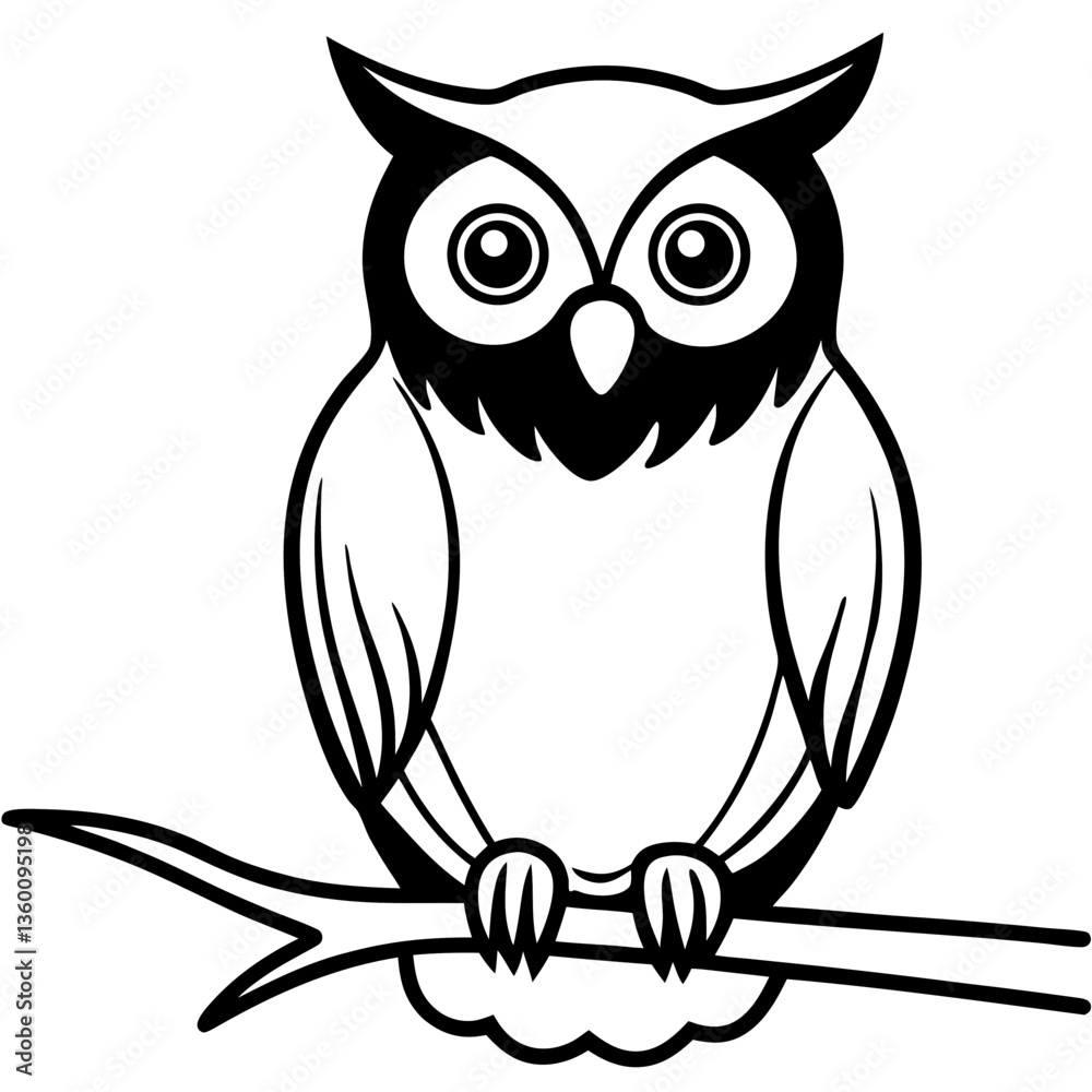 A vector silhouette of an owl perched on a branch, A vector silhouette of an owl perched on a branch,