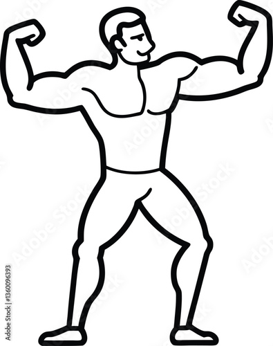 Simplified Bold Outline Man Posing, Flexing Muscles, Strong Body