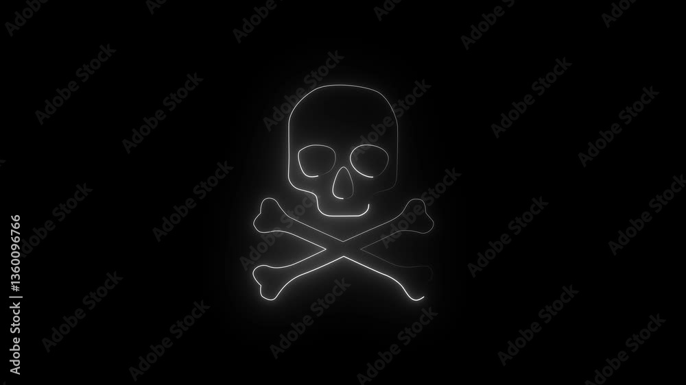 Neon danger icon concept 4k animation. white color Warning skull symbol. Death attention, and danger parson skull icon on black background. Neon danger icon concept 4k animation. white color Warning skull symbol. Death attention, and danger parson skull icon on black background.
