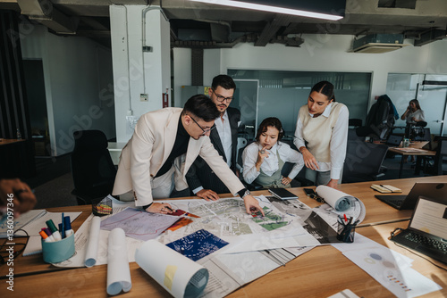 A group of people collaborate intensely on architectural plans in a modern office. The project leader, using crutches, leads the discussion while colleagues examine paperwork and blueprints.