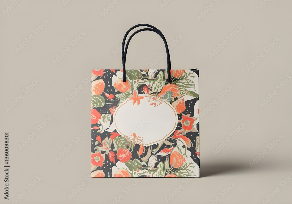 Floral pattern bag mockup on gray background with place for text