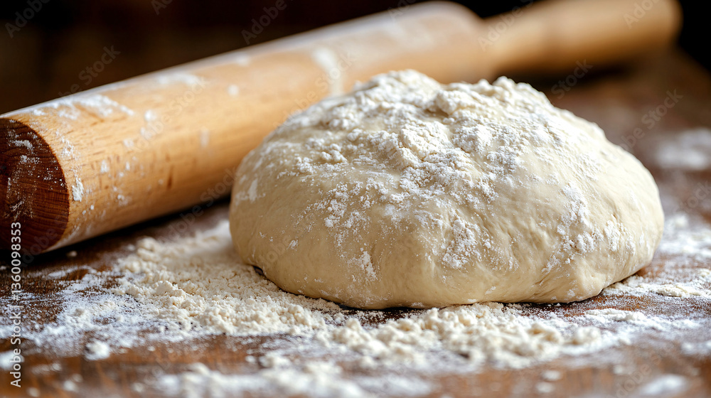 A warm and inviting kitchen scene with a wooden countertop covered in a light dusting of flour. A rolling pin rests beside freshly kneaded dough A warm and inviting kitchen scene with a wooden countertop covered in a light dusting of flour. A rolling pin rests beside freshly kneaded dough