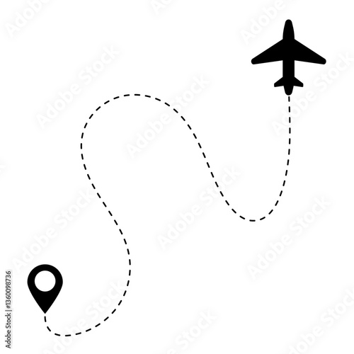 Square Minimalist airplane travel path with pins. Dashed route line representing a plane journey, romantic trip, business travel, and flight routes. Vector illustration isolated on a transparent backg