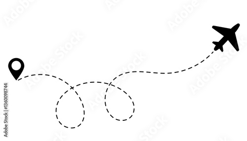 Minimalist airplane travel path with pins. Dashed route line representing a plane journey, romantic trip, business travel, and flight routes. Vector illustration isolated on a transparent background.