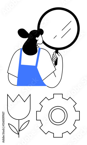 Woman holding magnifying glass, flower symbolizing nature, gear indicating innovation. Ideal for research, analysis, growth strategies, nature exploration, problem-solving, innovation abstract line