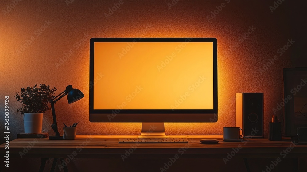 Illuminated computer workspace at night Illuminated computer workspace at night