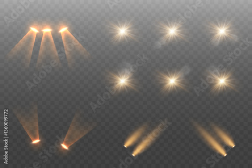 Set of golden stage light spotlights, light bulb flare rays and stars.