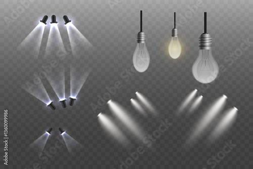 Set of white stage light spotlights, light bulbs.