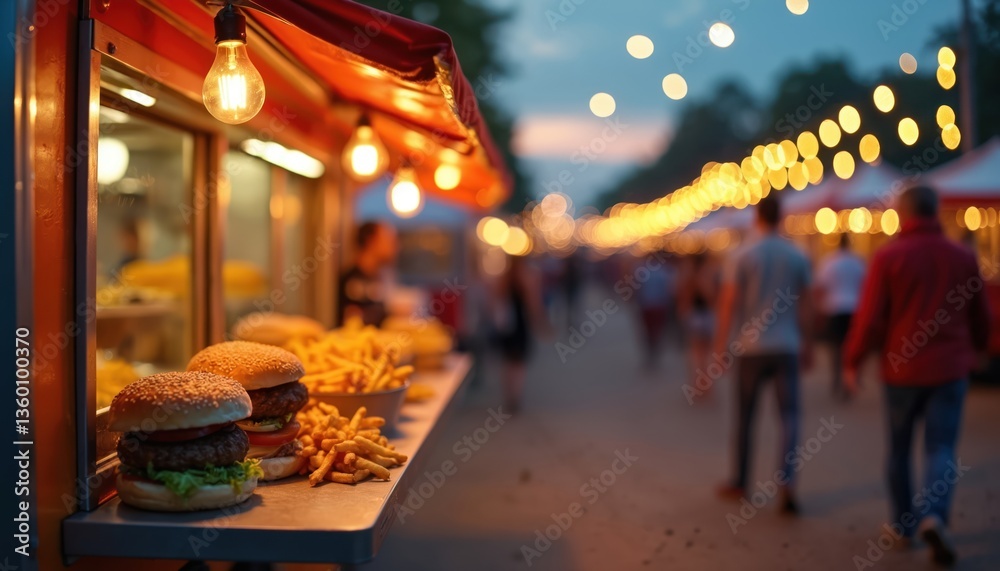 Naklejka premium Food truck at city festival. Burgers, fries stand. People in background, bokeh lights. Street food night event, catering, holiday. Urban market, business, eat, drink, snack.