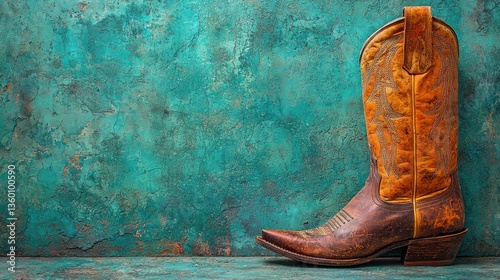 Vintage cowboy boot on teal background