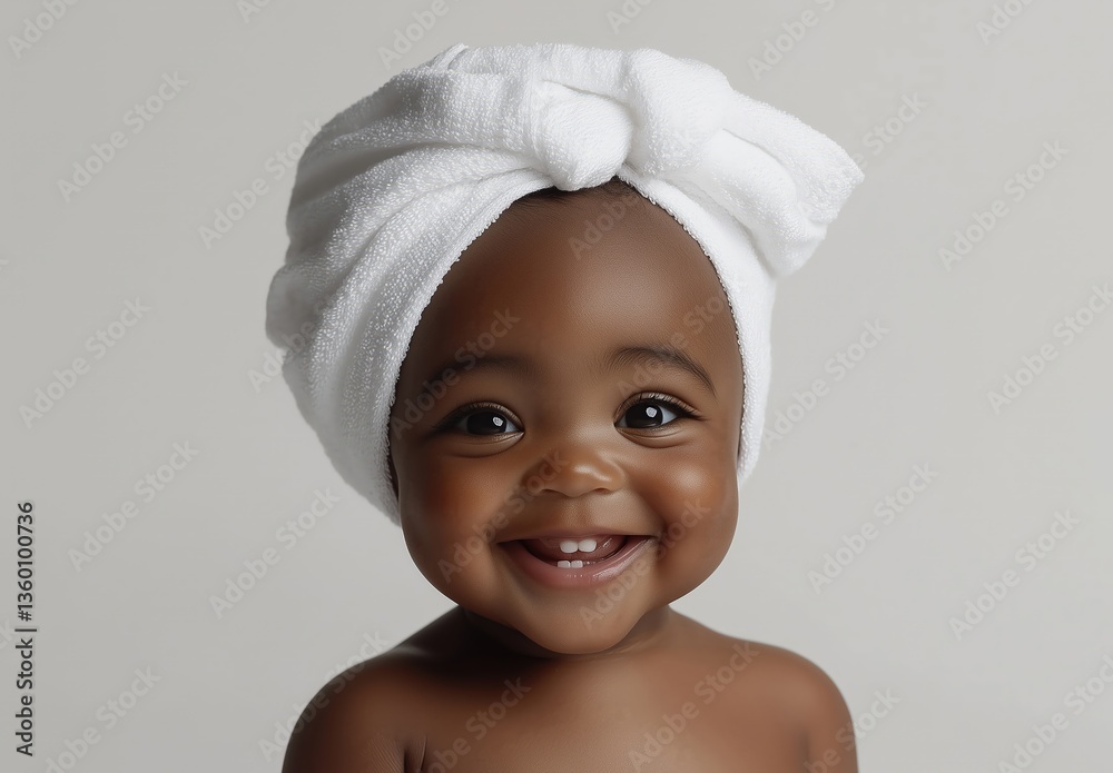 Adorable African American Baby with a White Towel on Head Smiling Happily, Close-up Portrait Adorable African American Baby with a White Towel on Head Smiling Happily, Close-up Portrait