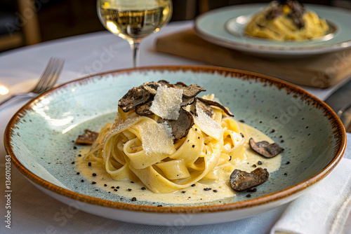 A gourmet plate of handmade tagliatelle pasta, coated in a silky truffle cream sauce, with delicate shavings of black truffle and fresh Parmesan curls. The dish is served on an artisan ceramic plate