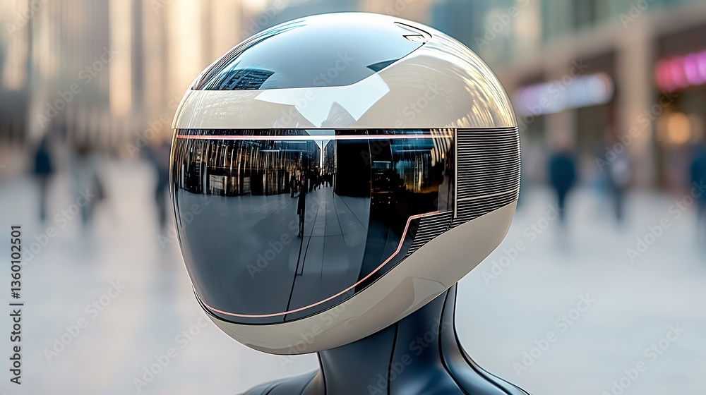 Fototapeta premium Futuristic Off White Helmet with Dark Visor City Background