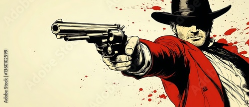 A man aims a revolver with blood splatters behind him