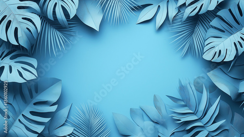 Monochrome paper tropical leaves frame on solid blue background. Ideal for summer design projects, marketing templates, social media visuals, branding mockups, and nature-inspired graphic layouts.