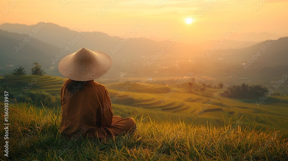 Fototapeta premium Woman sits meditating on hillside at sunset