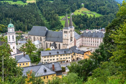 Aerial view of the Parish church St. Andreas and collegiate church St. Peter in old town of Berchstgaden in summer, Bavaria, Germany