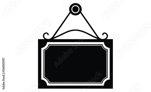 Wood signboard on chains silhouette, Signboard on chains. Black silhouette, Horizontal front view, Vector simple flat graphic illustration, Isolated object on a white background