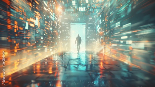 Silhouette businessman walk moving forward into metaverse door digital future technology. Generate AI