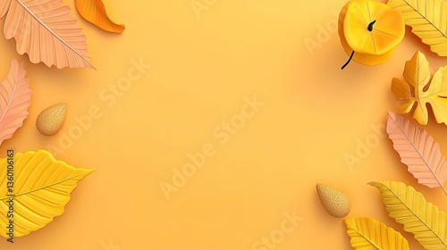 Autumnal leaves, fruit, flat lay, vibrant background, design concept, stock photo