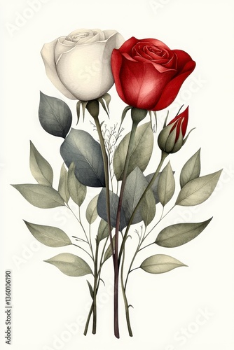 Elegant Composition of White and Red Roses with Green Leaves on a Soft Cream Background