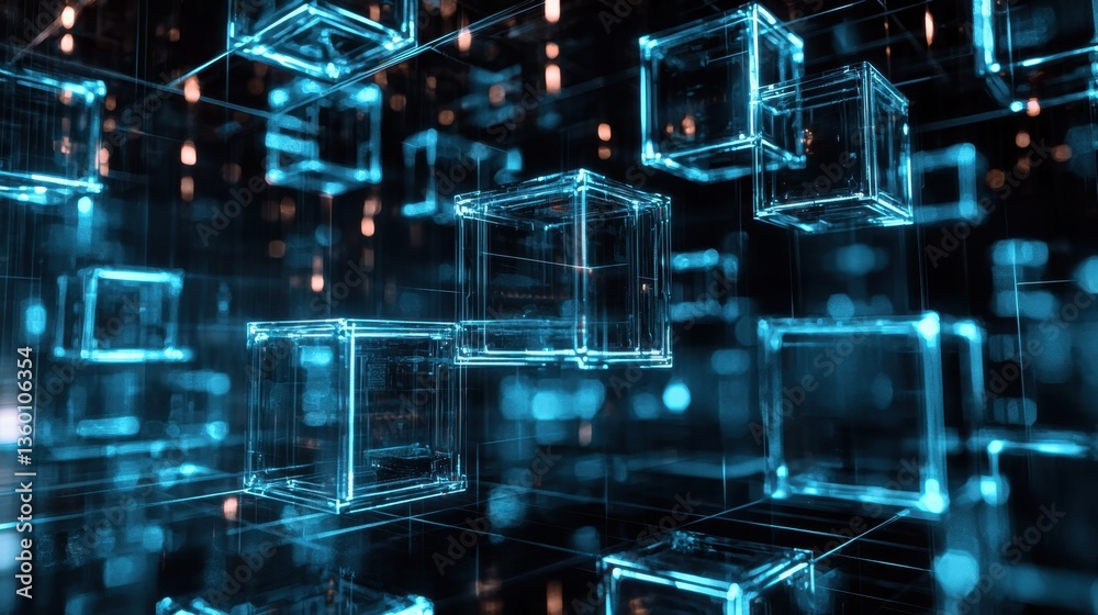 Neon-lit futuristic cubes floating in a high-tech wireframe environment, symbolizing blockchain networks Neon-lit futuristic cubes floating in a high-tech wireframe environment, symbolizing blockchain networks
