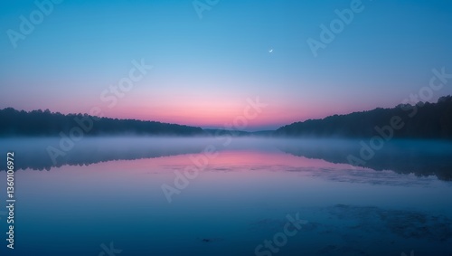 Serene lake reflecting pink sunrise, surrounded by silhouetted trees