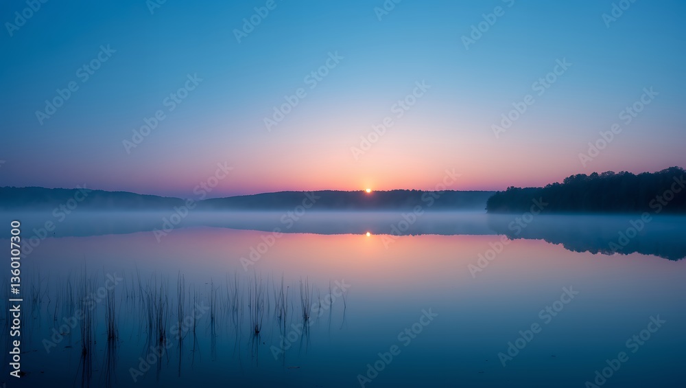 Lake at sunrise with fog, trees, and reflections Lake at sunrise with fog, trees, and reflections