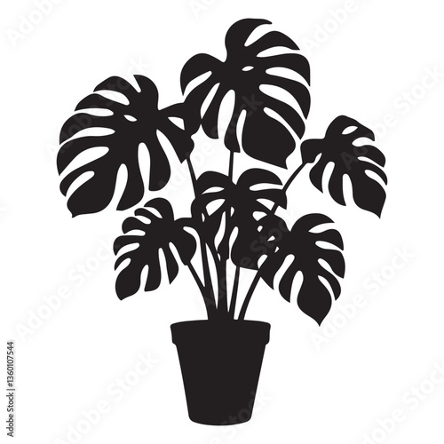 Monstera deliciosa plant in pot silhouette vector Black, potted plant vector silhouette vector. with white background