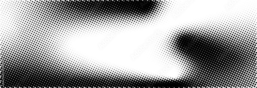 Grunge halftone gradient pattern with black and white circles wavy texture consists of different dots on transparent background. Retro pixelated backdrop for comic book. Vector.