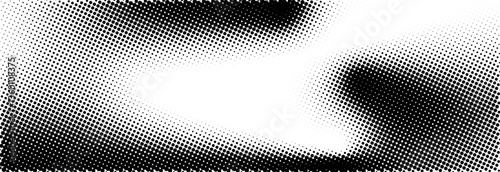 Grunge halftone gradient pattern with black and white circles wavy texture consists of different dots on transparent background. Retro pixelated backdrop for comic book. Vector.