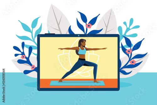 African-American woman practicing online yoga class on tablet screen with floral background. Flat vector illustration