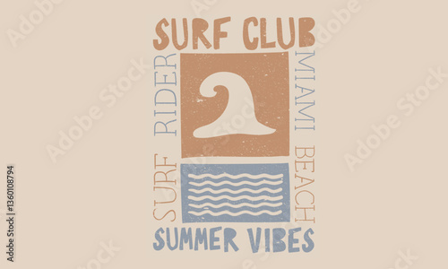 Miami beach wave artwork. Surf club graphic print design. Beach modern abstract art.