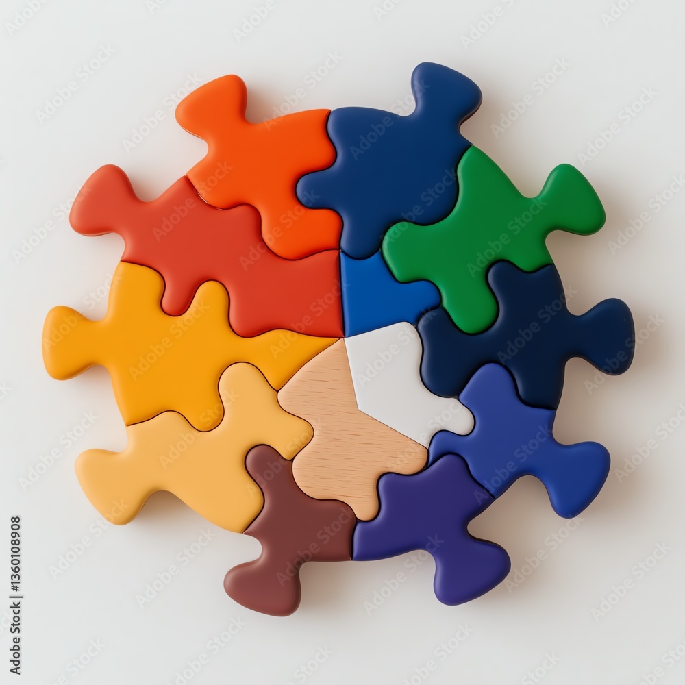 Colorful puzzle pieces arranged in a circular pattern. Colorful puzzle pieces arranged in a circular pattern.