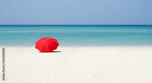 Guarda-sol vermelho em praia paradisíaca com água azul cristalina. Generative IA.