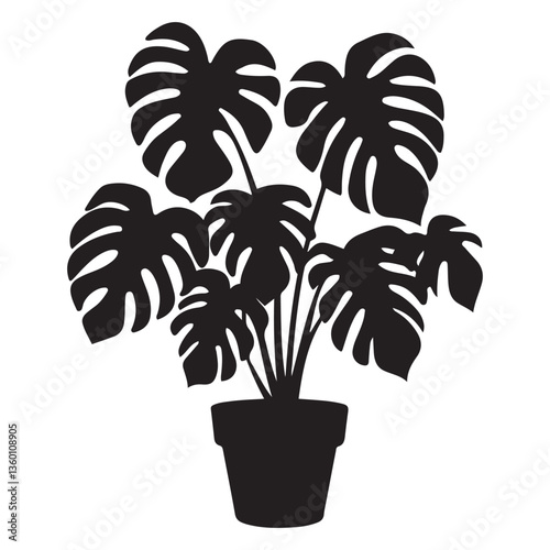 Monstera deliciosa plant in pot silhouette vector Black, potted plant vector silhouette vector. with white background