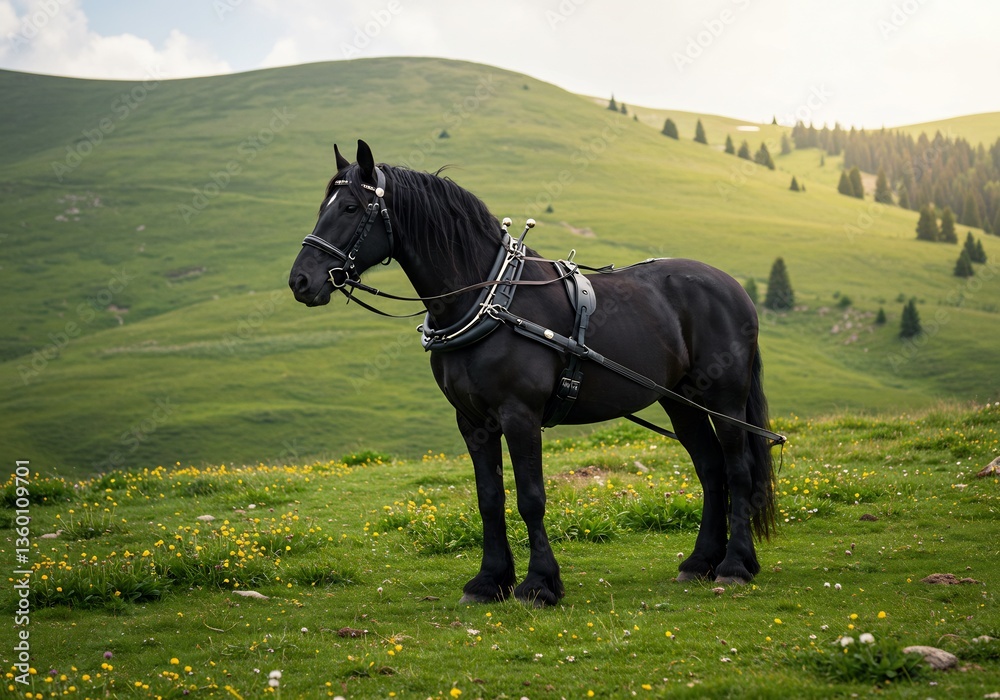 Majestic black horse in lush green mountain pasture bathed in warm sunlight. AI Generated Majestic black horse in lush green mountain pasture bathed in warm sunlight. AI Generated