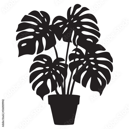Monstera deliciosa plant in pot silhouette vector Black, potted plant vector silhouette vector. with white background
