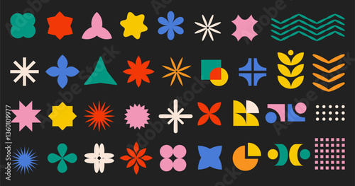 Colorful abstract flower and geometric shape icons in retro modern and neo brutalist style set on a dark background,for bold design, branding, web elements, and decorative graphics.Vector illustration