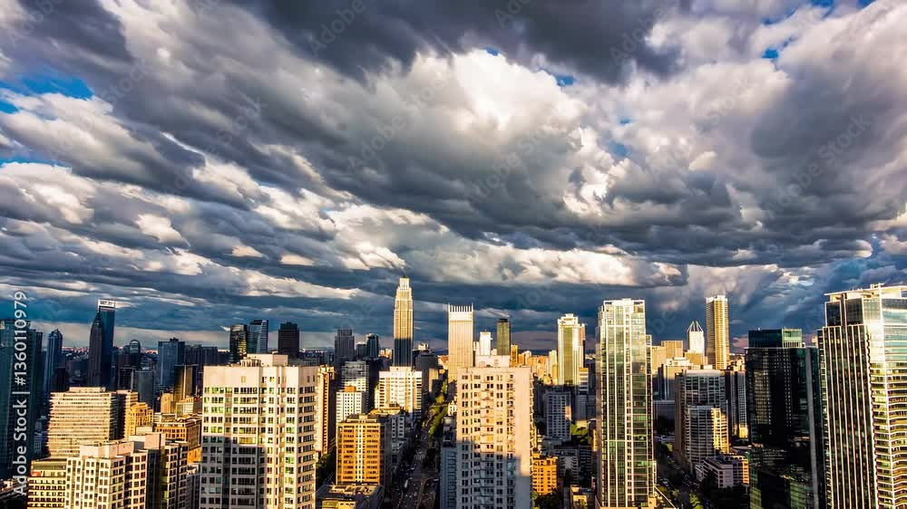 Dramatic urban skyline with fastmoving clouds over cityscape at sunset Dramatic urban skyline with fastmoving clouds over cityscape at sunset