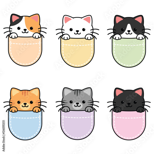 Cute cat peeking in pocket cartoon, vector illustration